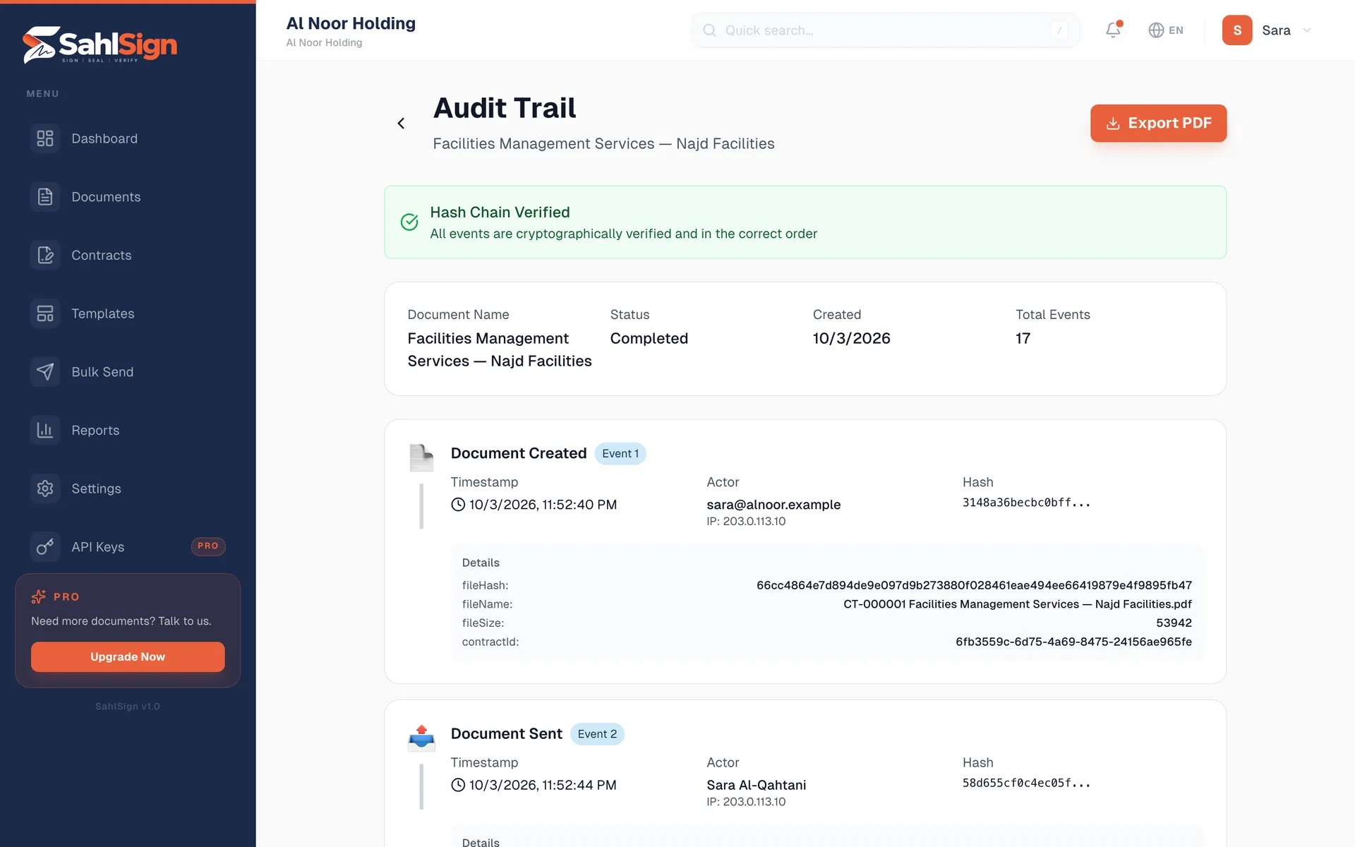 SahlSign hash-chained audit trail for a signed document