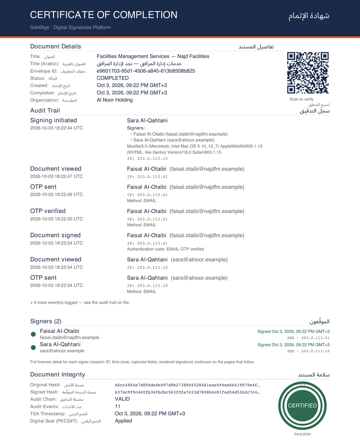 Bilingual SahlSign certificate of completion