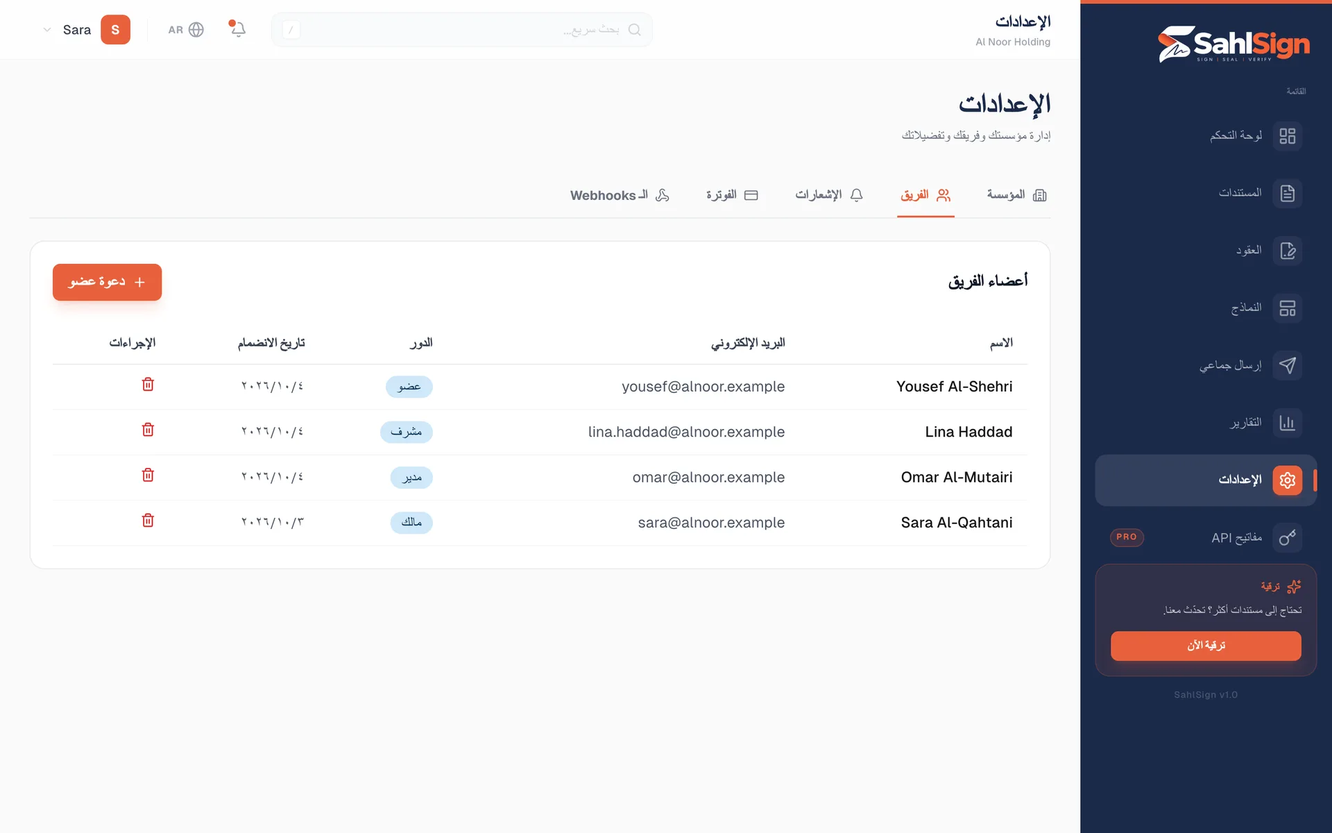 إعدادات الفريق في سهل ساين مع أدوار المالك والمسؤول والمدير والعضو