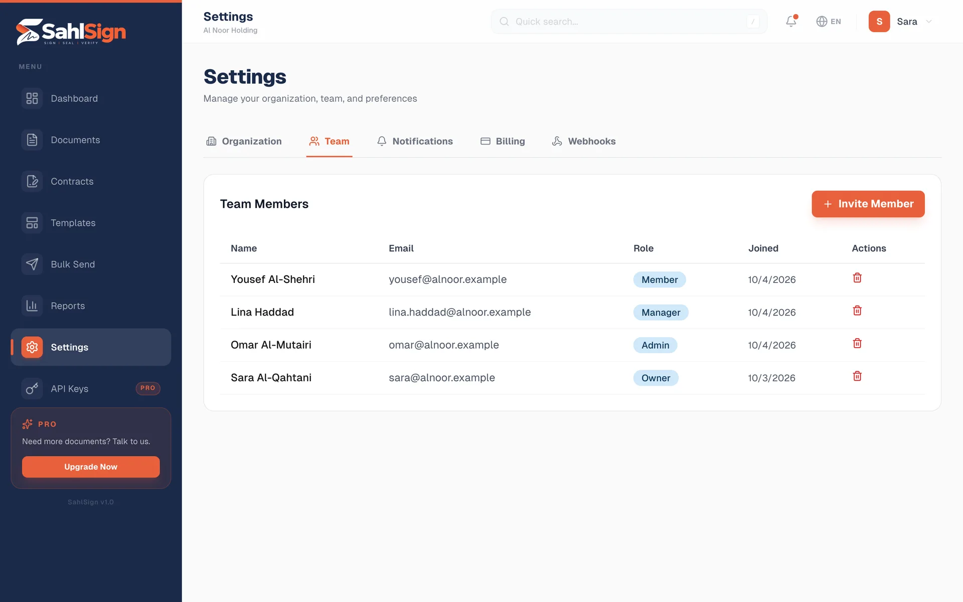 SahlSign team settings with Owner, Admin, Manager and Member roles